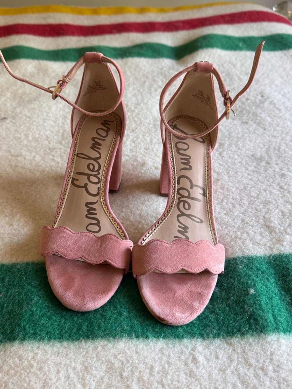 Sam Edelman Pink Scalloped Ankle-Strap Block Heels